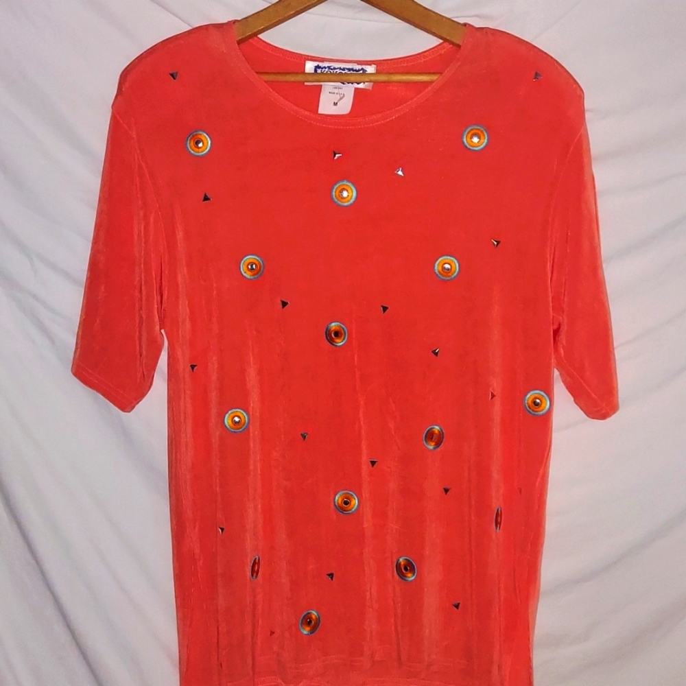 KOKOMO vintage embellished acetate top. Slit sides. Padded shoulders. 80s. M.p